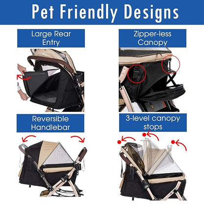 HPZ Pet Rover XL Extra-Long Premium Heavy Duty Dog/Cat/Pet Stroller Travel Carriage for Small, Medium, Large Pets (Taupe 2nd-Gen)
