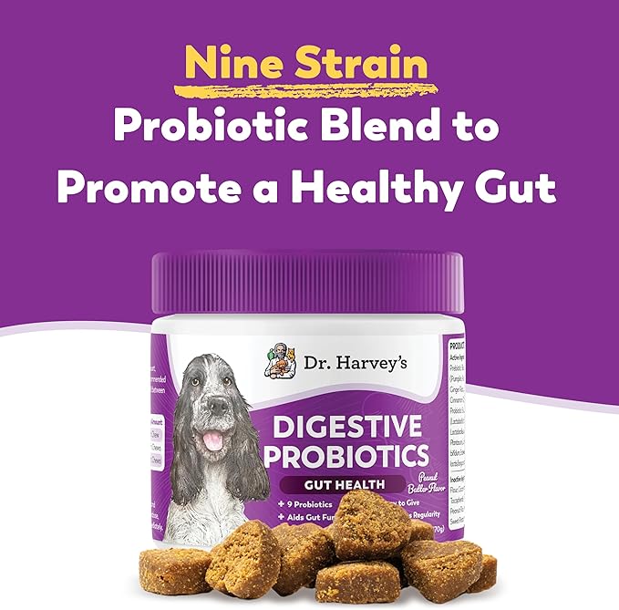 Dr. Harvey's Digestive Probiotic Soft Chews for Dogs, 9 Probiotics for Gut Health, Diarrhea and Bowel Support, Peanut Butter Flavor (90 Chews)