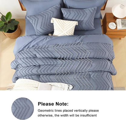 Litanika King Size Comforter Set with Sheets Bluish Grey - 7 Pieces Bed in a Bag King Chevron Tufted Complete Bedding Sets with Comforter, Sheets, Pillowcases & Shams