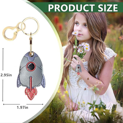 Leather Keychain Holder Case Compatible with AirTag,Cute Protective Cover with Keyring,Anti-Scratch Finder GPS Tracker Case for Wallet Keys,bag,pets,Backpack(Rocket Grey)