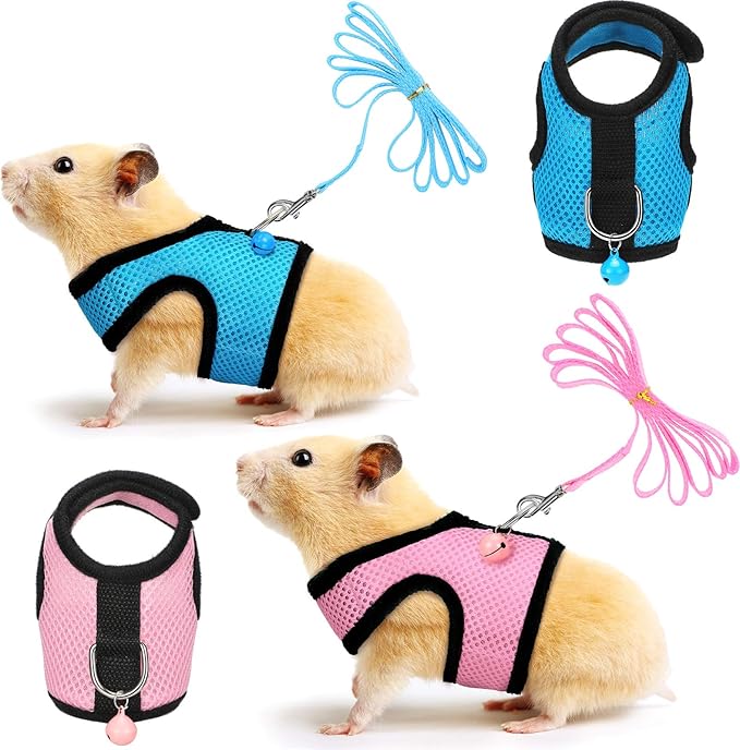 SATINIOR 2 Sets Guinea Pig Harness and Leash Adjustable Soft Mesh Harness Bell No Pulling Comfort Vest for Baby Ferret Rats Hamster Bunny Rabbit Chinchilla and Small Pet (Pink, Blue, S)