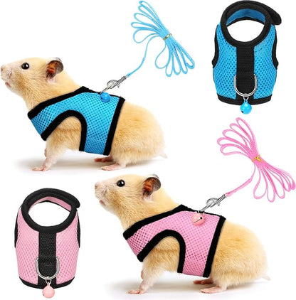 SATINIOR 2 Sets Guinea Pig Harness and Leash Adjustable Soft Mesh Harness Bell No Pulling Comfort Vest for Baby Ferret Rats Hamster Bunny Rabbit Chinchilla and Small Pet (Pink, Blue, S)