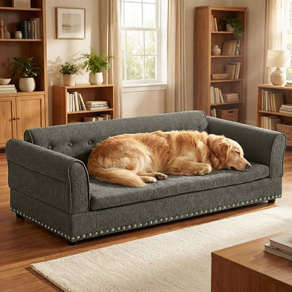 Elevated Dog Sofa for Medium to Large Dogs, Button Tufted Dog Couch Bed with Backrest and Armrests, Durable Memory Foam Pet Bed, Removable Cushion for Medium and Large Dogs, Dark Grey