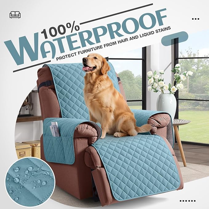KinCam 100% Waterproof Recliner Chair Cover, Reclining Couch Covers for Pets, Dogs, Recliner Couch Slipcover Furniture Protector with Elastic Straps for Kids(28", Light Blue)