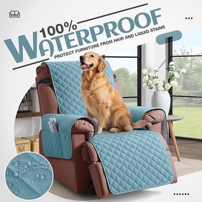 KinCam 100% Waterproof Recliner Chair Cover, Reclining Couch Covers for Pets, Dogs, Recliner Couch Slipcover Furniture Protector with Elastic Straps for Kids(28", Light Blue)