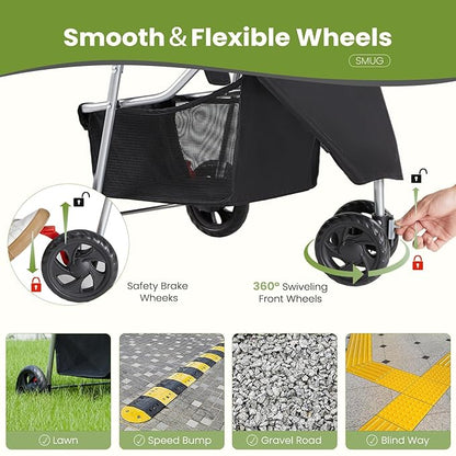 SMUG 3 Wheels Pet Stroller, Dog and Cat Strollers with Storage Basket & Cup Holder, Breathable Mesh, Lightweight Travel Carrier, Waterproof and Foldable for Small Pets Outdoor Walk, Black