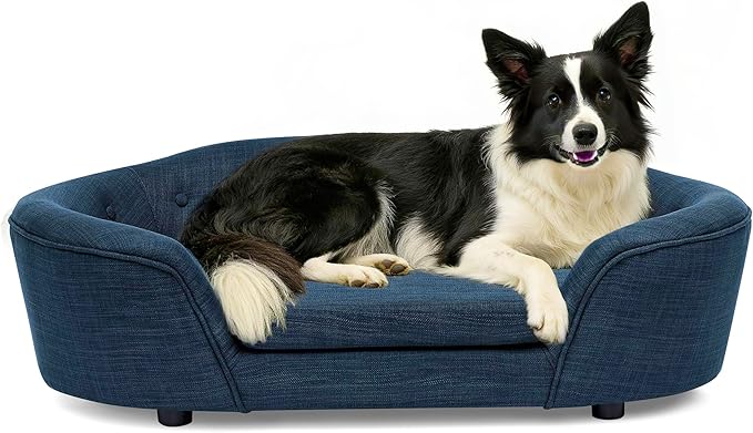 Dog Couch Bed with Oval Semi-Enclosed, Durable Linen Material Pet Sofa with Soft Foam Cushion, Dog Sofa Bed with Legs for Medium Dogs, Dark Blue