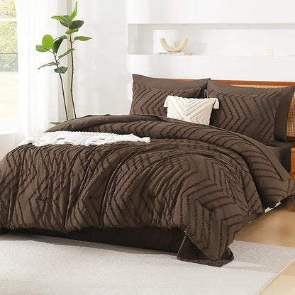 Litanika King Size Comforter Set with Sheets Brown - 7 Pieces Bed in a Bag King Chevron Tufted Complete Bedding Sets with Comforter, Sheets, Pillowcases & Shams