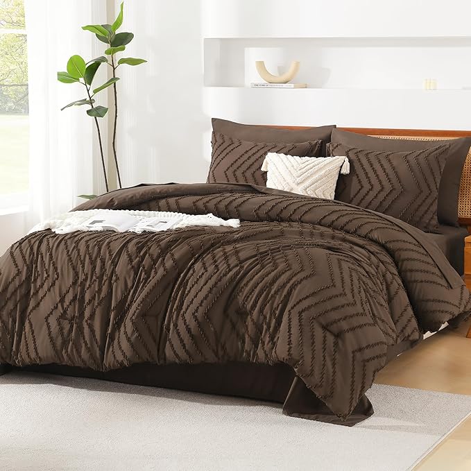 Litanika Full Size Comforter Set with Sheets Brown - 7 Pieces Bed in a Bag Full Chevron Tufted Complete Bedding Sets with Comforter, Sheets, Pillowcases & Shams