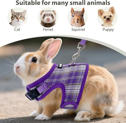 AIITLE Bunny Harness and Leash Set Escape Proof - Magic Tape Design, Lightweight Plaid Pattern Mesh Padding, No Choke No Pull for Puppy Cat Rat Squirrel Ferret, Outdoor Walking Running, Purple S