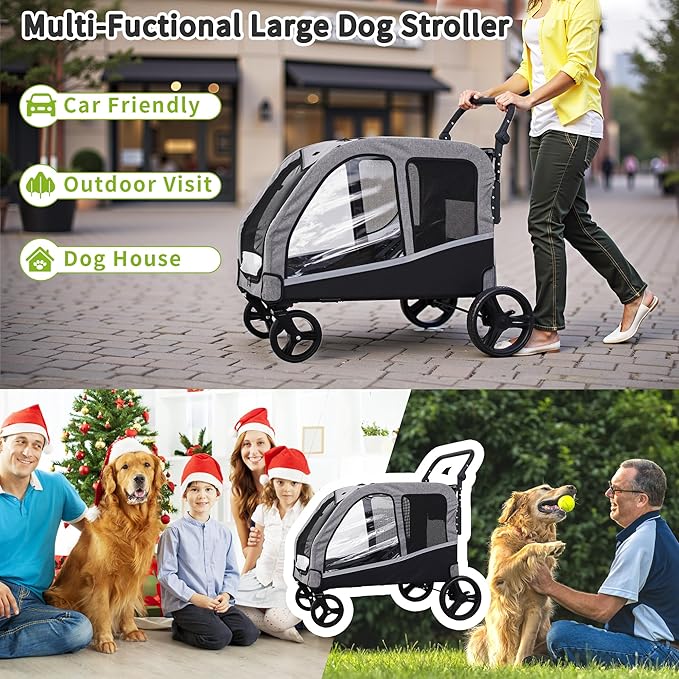 Kepptory Large Dog Stroller for Medium/Large Dogs up to 130 lbs, Foldable Pet Stroller with 4 Wheels, Adjustable Handle, Heavy Duty Dog Carriage for Senior, Disabled, Injured Pets, Grey
