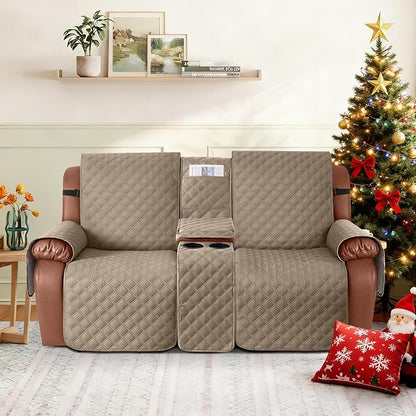 Ruaozz Waterproof Loveseat Recliner Cover with Console Non-Slip Reclining Couch Covers Split Sofa Slipcovers with Elastic Straps Furniture Protector for Kids, Dogs, Pets (Pale Brown, 2 Seater)