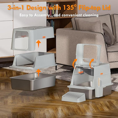Smart 3-Speed Deodorization XXL Stainless Steel Cat Litter Box - Infrared Sensor, Extra Large Odor Control Litter Box for Large Cats & Multi-Cat Households 135° Flip-Top Metal Cat Litter Box - Grey