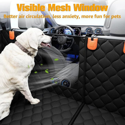 PETICON Convertible Back Seat Extender for Dogs, Dog Car Seat Cover Hard Bottom Holds 400 lbs, Waterproof Dog Hammock Backseat Protector with Mesh Window for Cars, Trucks and SUVs
