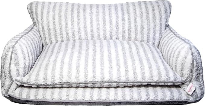 Glow Pups Dog Bed Cozy Sofa, Striped Pattern Cat Bed with Soft Faux Lambswool Cushion, Machine Washable Cotton Blend, Three-Sided Design, Grey/White, XX-Large 47.24" L x 27.55" W x 15.75" Th