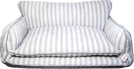Glow Pups Dog Bed Cozy Sofa, Striped Pattern Cat Bed with Soft Faux Lambswool Cushion, Machine Washable Cotton Blend, Three-Sided Design, Grey/White Striped, X-Large 39.37" L x 23.62" W x 15.75" Th