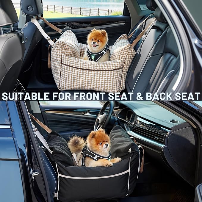 ZOMISIA Dog Car Seat for Small to Medium Dogs - Waterproof Pet Booster Seat for Car with Clip-On Safety Leash, Travel Carrier for Puppy up to 25 lbs, Memory Foam Filling & Adjustable Buckles, Grey