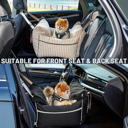 ZOMISIA Dog Car Seat for Small Dogs - Waterproof Pet Booster Seat for Car with Clip-On Safety Leash, Soft Travel Carrier for Puppy up to 25 lbs, Memory Foam Filling & 2 Adjustable Buckles Houndstooth