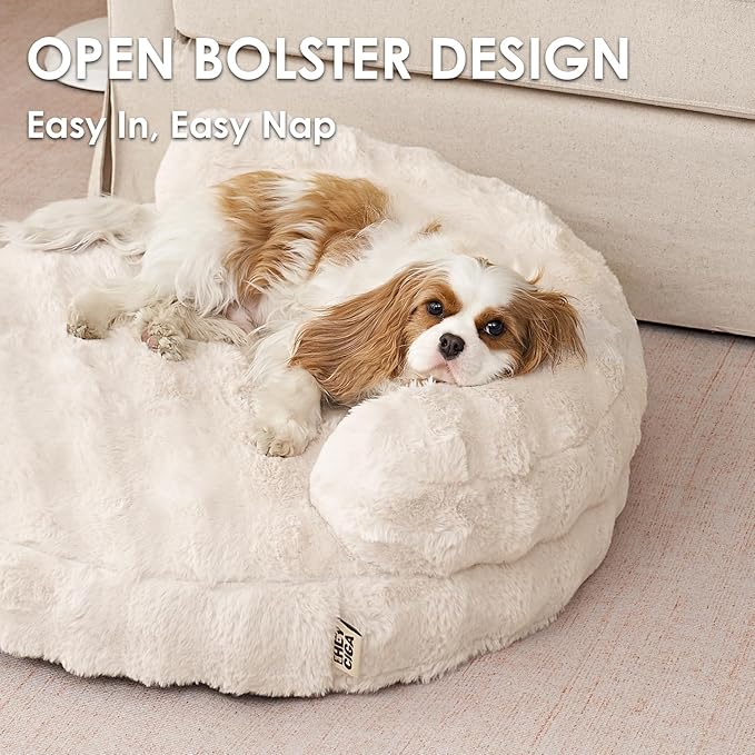 EHEYCIGA Soft Cat Couch Bed for Indoor Cats, Fluffy Small Dog Bed with Removable Washable Cover, Bolster Pet Sofa, Waterproof and Non-Slip, 23" x 23"x 7", Cream