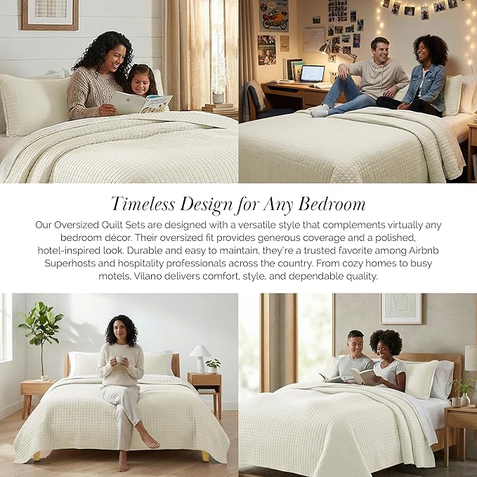Southshore Fine Living, Inc. Oversized King Quilt Bedding Set, Soft Quilted Comforter, Wrinkle Free and Pet Hair Resistant Bedding, Quilted Coverlet Set w/2 Pillow Shams, Cream Quilt King Bedspread