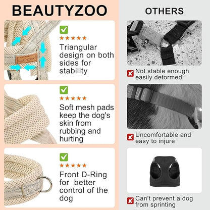 BEAUTYZOO Dog Harness No Pull, Quick Fit Dog Harness and Leash Set, Escape Proof Vest Harness with Soft Handle, Reflective Breathable Mesh Padding Harness for Medium Size Dog Training Walking, Beige M