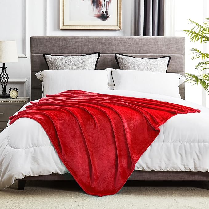 DREAMNINE Oversized Soft Fuzzy Flannel Fleece Throw Blanket Twin Size 60" x 80", Decorative Solid Lightweight Fluffy Velvet Bed Blankets, Luxury Big Cozy Shag Plush Microfiber Blanket for Bedroom, Red