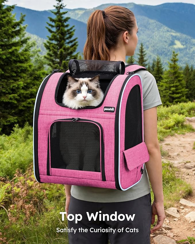 Pecute Cat Backpack Carrier Expandable, Pet Backpack for Cats & Small Dogs Up to 11lbs, with 4-Side Breathable Mesh, Multi-Entry & Lockable Zippers for Travel, Hiking, Camping - Hands Free, Pink