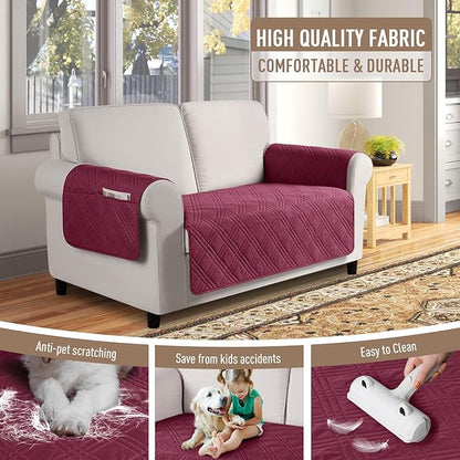 TAOCOCO Waterproof Loveseat Covers for Pets Dogs with Non Slip Backing, Sofa Seat Covers with Side Pocket for 2 Cushion Couch Washable Dog Couch Cover Protector Sofa Slipcovers(Loveseat, Wine)
