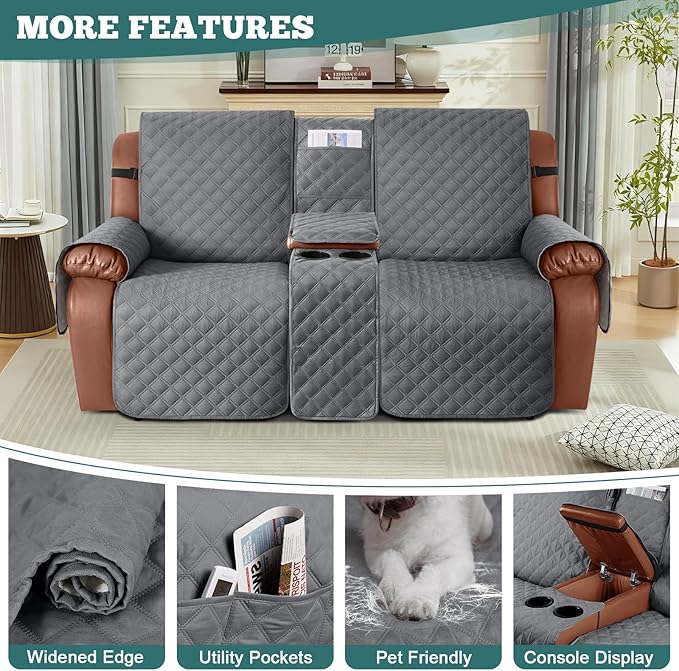 Ruaozz Waterproof Loveseat Recliner Cover with Console Non-Slip Reclining Couch Covers Split Sofa Slipcovers with Elastic Straps for Kids, Dogs, Pets (Dark Grey, 2 Seater)