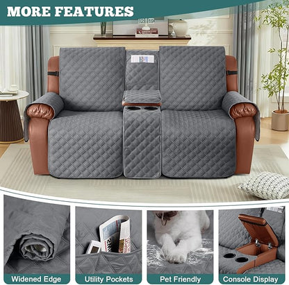 Ruaozz Waterproof Loveseat Recliner Cover with Console Non-Slip Reclining Couch Covers Split Sofa Slipcovers with Elastic Straps for Kids, Dogs, Pets (Dark Grey, 2 Seater)