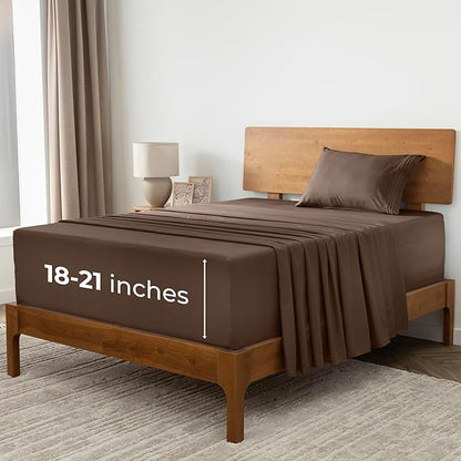Mellanni Extra Deep Twin XL Sheets - 3 PC Iconic Collection Bedding - Hotel Luxury, Ultra Soft, Cooling Bed Sheets - Wrinkle, Fade, Stain Resistant (Twin Extra Long, Brown)