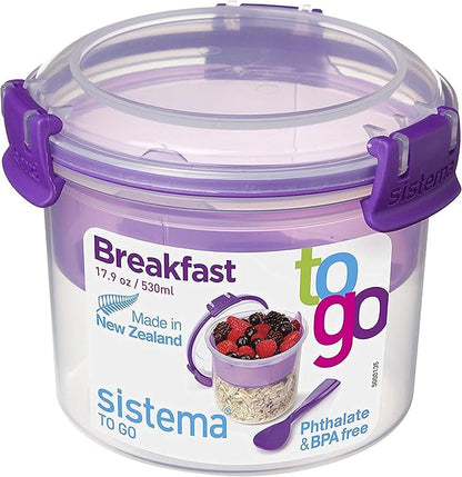Sistema Breakfast TO GO | Food Storage Container with Compartments & Spoon | 530ml. | BPA-Free | Assorted colors [21355-53C]