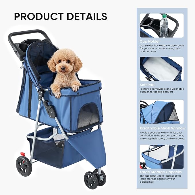 NEWBULIG 3 Wheel Pet Stroller for Dogs and Cats, Foldable, Lightweight and Durable, Ideal for Small to Medium Pets, Includes Storage Basket and Cup Holders