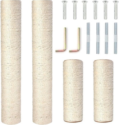 Barelove Cat Scratching Post Replacement, 4 Pieces Cat Scratcher Cat Tree Replacement Parts, 15.4'' x 2.67" Dia + 7.87“ x 2.67" DiaNatural Sisal Rope Cat Scratch Posts Include M8 Screws