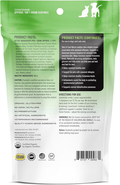Om Mushroom Matrix Pet - Canine | Skin & Coat | USA Grown Human-Grade Organic Mushroom Powder Pet Supplement | Seasonal Allergy Skin & Coat Support for Dogs & Cats | 100 Grams, 3.5 oz