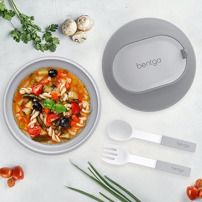 Bentgo Bowl - Insulated Leak-Resistant Bowl with Snack Compartment, Collapsible Utensils and Improved Easy-Grip Design for On-the-Go - Holds Soup, Rice, Cereal & More - BPA-Free, 21.2 oz (Gray)