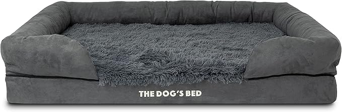 The Dog’s Bed Orthopedic Memory Foam Dog Bed with Bolsters for XL Dogs, Waterproof Washable Cover, Anti-Slip Base, Calming Surface – CertiPUR-Certified Foam, Fur Fabric, Grey Fur, XL