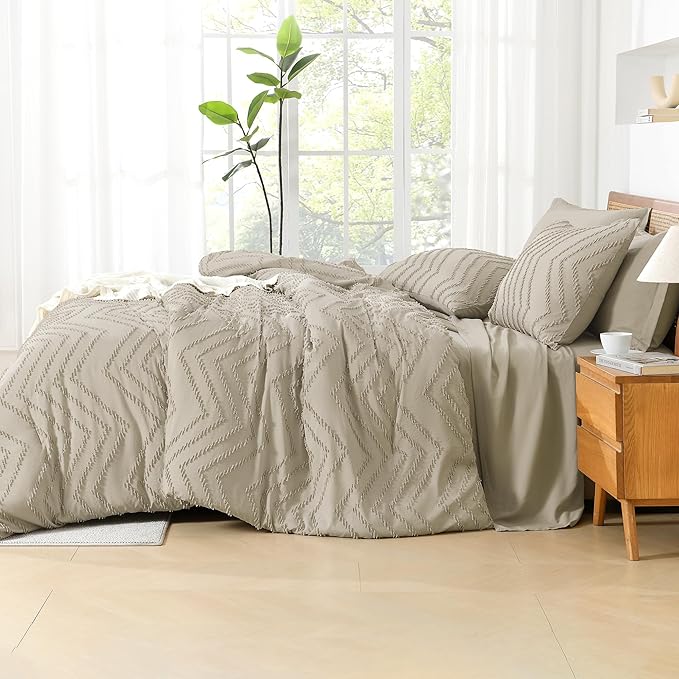 Litanika Light Hazel Queen Size Comforter Set with Sheets - 7 Pieces Bed in a Bag Queen Boho Tufted Complete Bedding Sets with Comforter, Sheets, Pillowcases & Shams