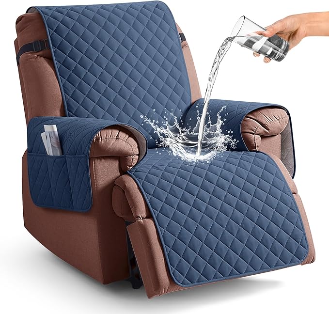KinCam 100% Waterproof Recliner Chair Cover, Reclining Couch Covers for Pets, Dogs, Recliner Couch Slipcover Furniture Protector with Elastic Straps for Kids(25", Blue)