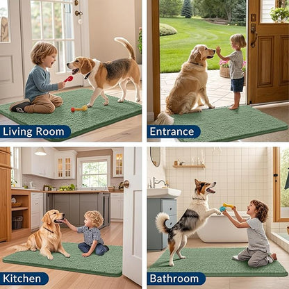 Smiry Dog Door Mat for Muddy Paws 40x32, Absorbs Moisture and Dirt Doormat, Non-Slip Washable Quick Dry Chenille Front Door Mat Indoor Entrance, Entryway Carpet for Inside Floor, Olive Green