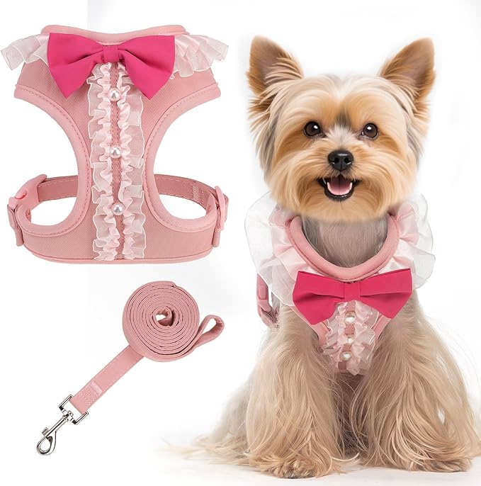 EXPAWLORER Cute Dog Harness, Pink Girl Adjustable No Pull Vest Harness and Leash Set, Soft Padded Step in Wedding Attire Suit Dress Costume with Bow Tie for Puppy Small Medium Female Dogs, Medium
