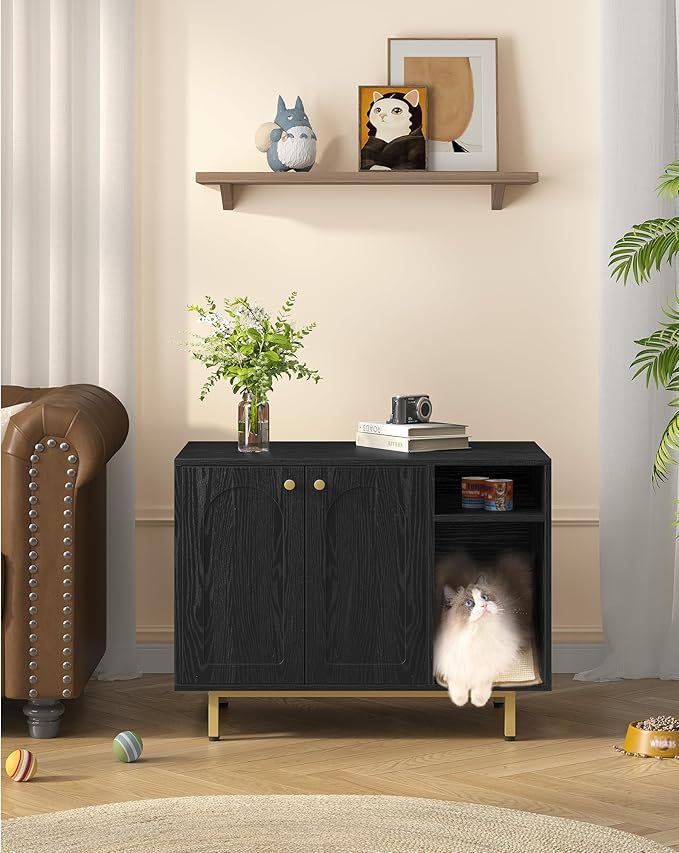 Hzuaneri Cat Litter Box Enclosure Enclosed, Hidden Litter Box Cabinet Furniture with Storage, Wooden Indoor Cat House Large, Modern End Table for Living Room Entryway, Black and Gold CB01504G