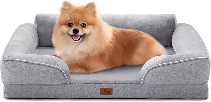 Orthopedic Dog Bed for Medium Size Dogs, Waterproof Egg-Crate Foam Pet Couch Bed with Soft Sides, Non-Slip Dog Sofa with Flannel Removable Washable Cover, 28"L Supportive Pet Sofa, Light Grey