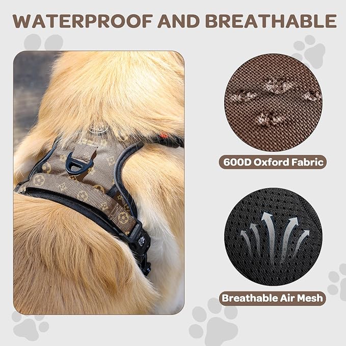 FURRYFECTION Plaid Dog Harness for Large Dogs, Reflective No Pull Adjustable Pet Vest with Front Clip, Leash, Easy Control Handle and Seat Belt, Dark Brown, L