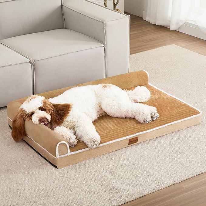 Patas Lague Orthopedic Jumbo Dog Bed Large Sized Dog 56''X40'', Waterproof Comfortable L Bolster Jumbo Non-Slip Soft Warm Pet Crate Bed Sleep Sofa mat with Removable Washable Cover, Brown