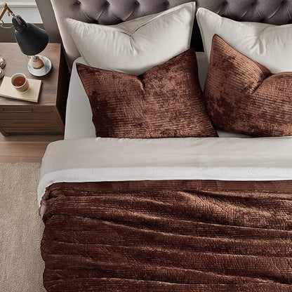EVERGRACE Velvet Quilt Set King Size, Luxurious Soft Quilted Bedding Sets, Lightweight Velvet Comforter for All Season, Striped Channel Bedspread Coverlet with 2 Shams, Rust Brown