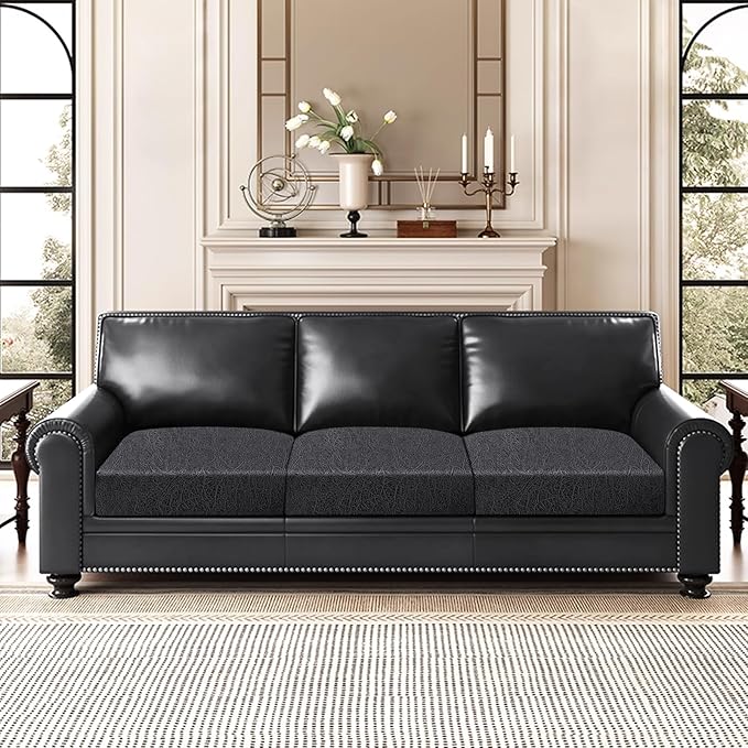 ANARACHON Leather Look Couch Cushion Covers Sofa Seat Slipcovers Sets Couches Furniture Protector for Sectional Armchair Loveseat Pets Kids Stretch Spandex Fabric (3 Cushion Sofa, Dark Grey)