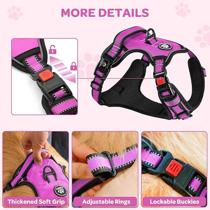 FURRYFECTION Plaid Dog Harness for Large Dogs, Reflective No Pull Adjustable Pet Vest with Front Clip, Leash, Easy Control Handle and Seat Belt, Rose, L
