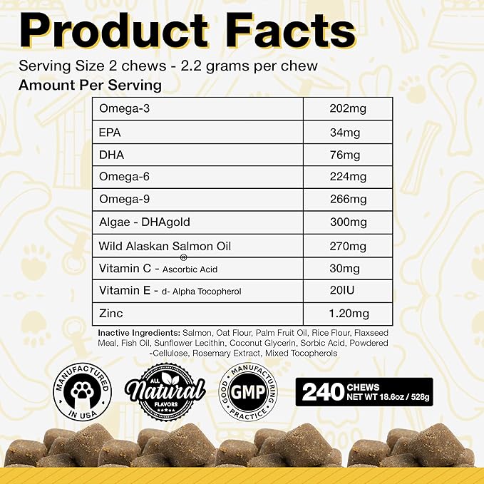 Dog Fish Oil Supplements - 240 Omega 3 Fish Oil Dog Vitamins, Veterinarian Formulated Itching Relief for Dogs, Natural Omega 3 Fish Oil for Dogs, Dog Skin and Coat Supplement (Salmon Flavor)