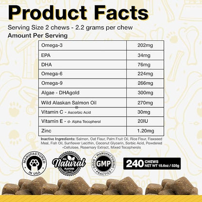 Dog Fish Oil Supplements - 240 Omega 3 Fish Oil Dog Vitamins, Veterinarian Formulated Itching Relief for Dogs, Natural Omega 3 Fish Oil for Dogs, Dog Skin and Coat Supplement (Salmon Flavor)